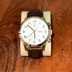 Fossil Silver Dial Watch with Dark Brown Leather Strap